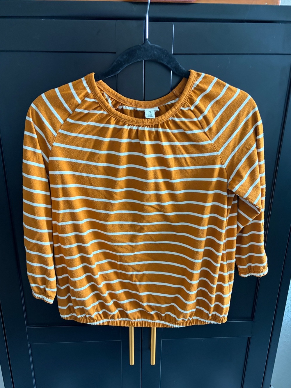 a.n.a. Mustard White Striped Top PS Petite Small Balloon 3/4 Sleeve Elastic Hem